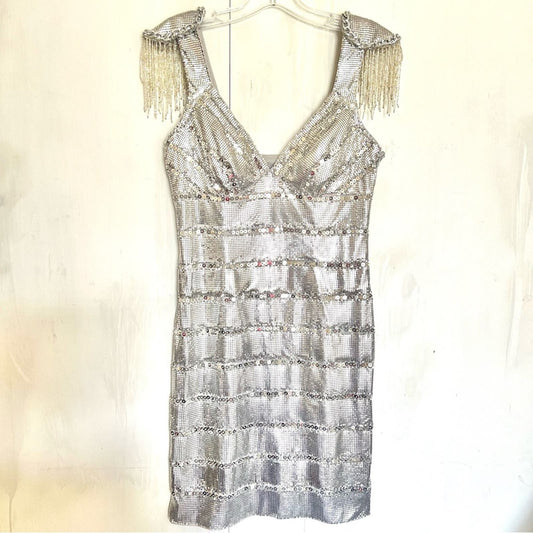 BASIX Black Label Silver Metallic Cochella Style Mini Dress •2