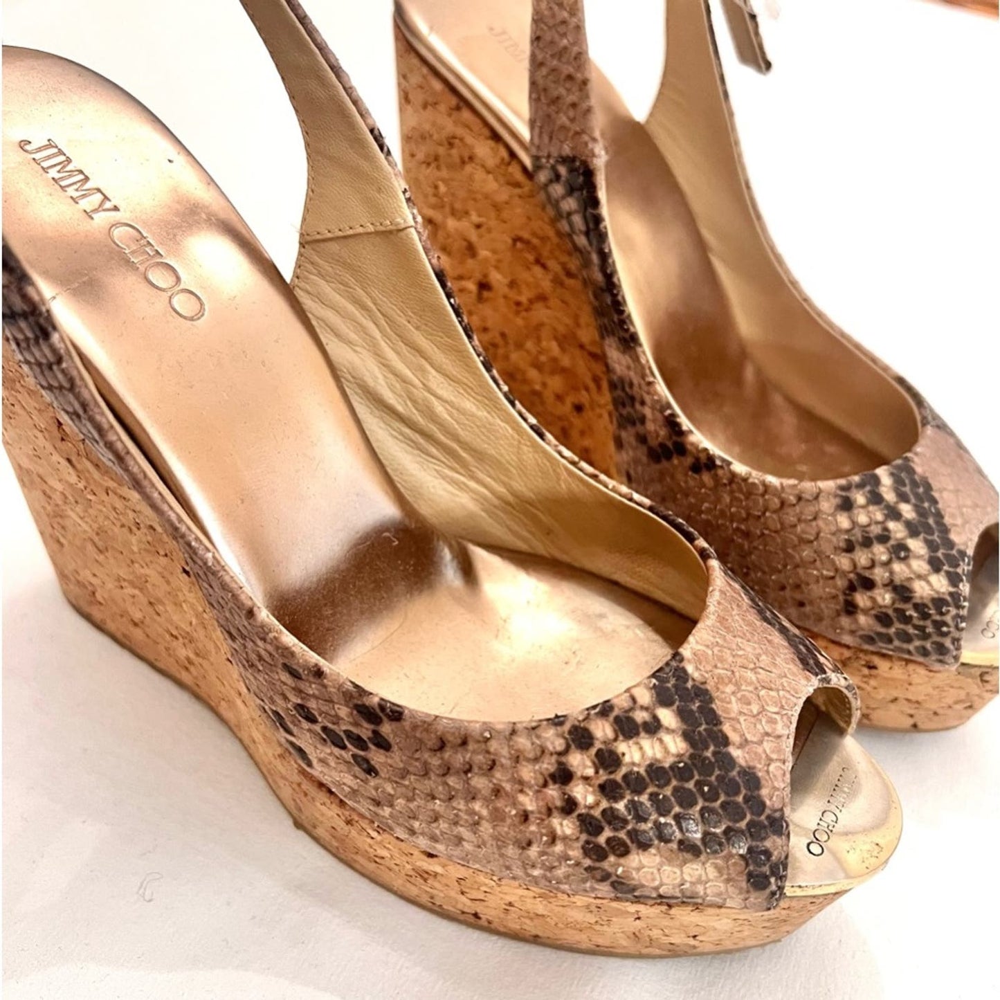 Jimmy Choo Snakeskin Leather Cork Slingback Wedge 38