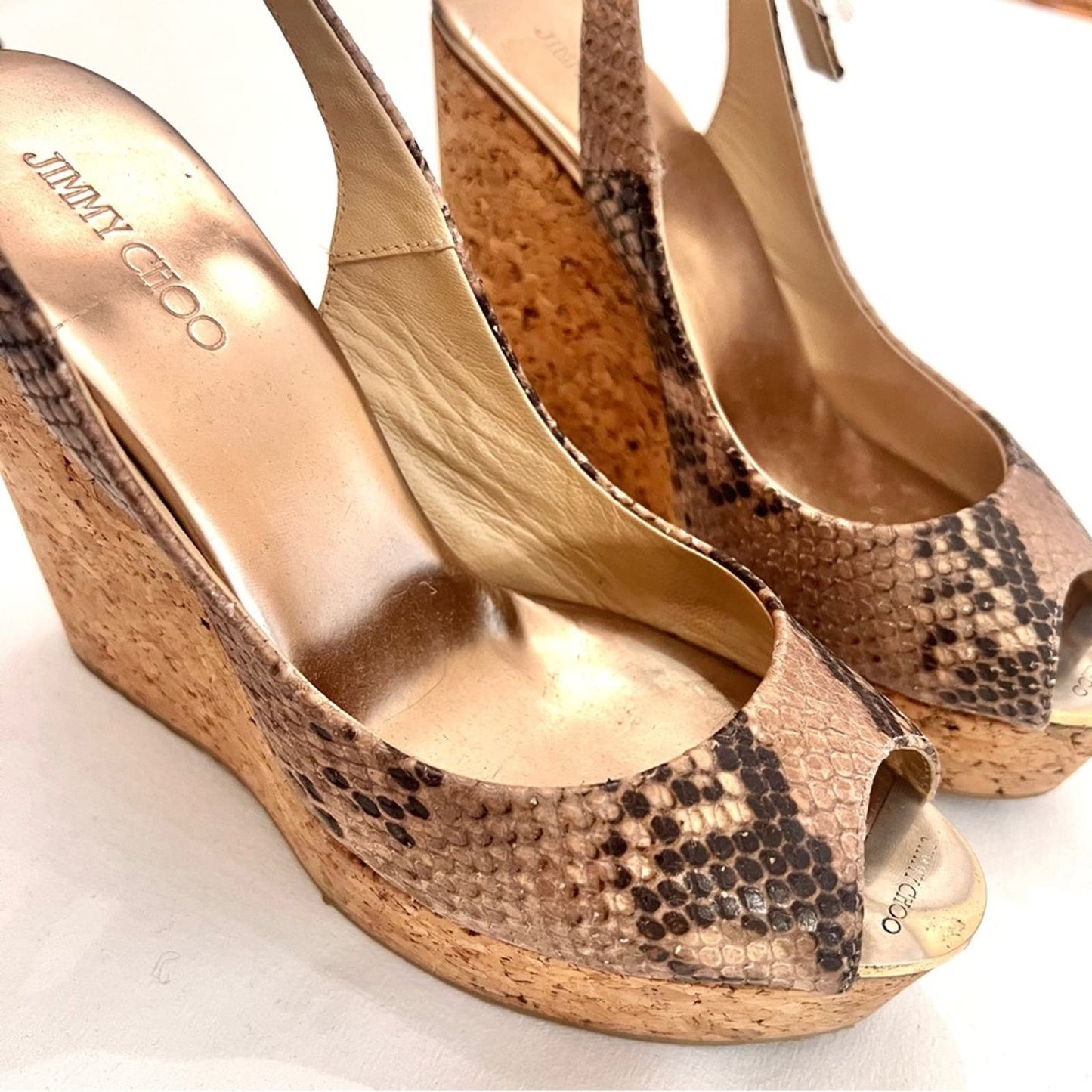 Jimmy Choo Snakeskin Leather Cork Slingback Wedge 38