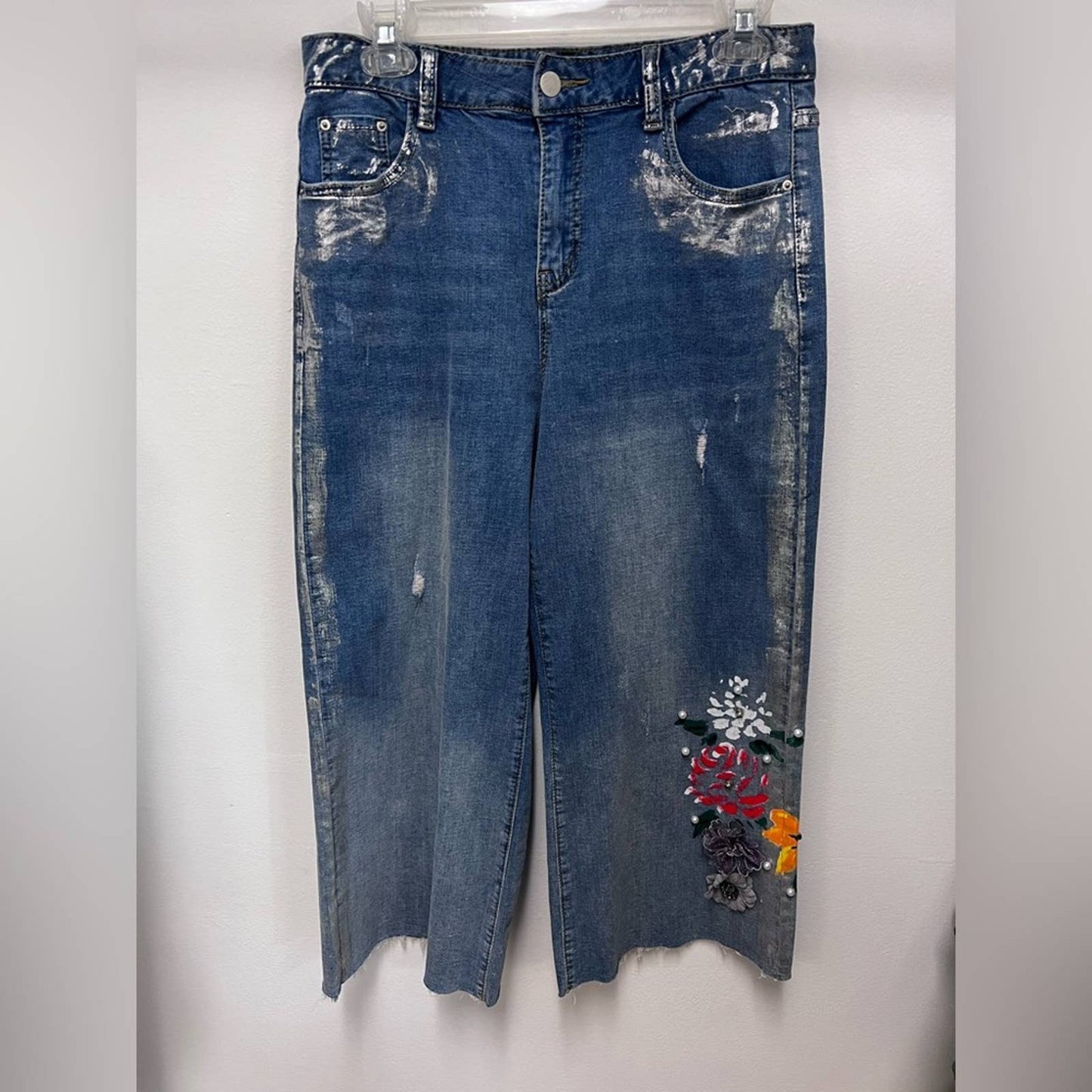 Gabby Isabella Blue Crop Coated Embellished Frayed Hem Jeans 8