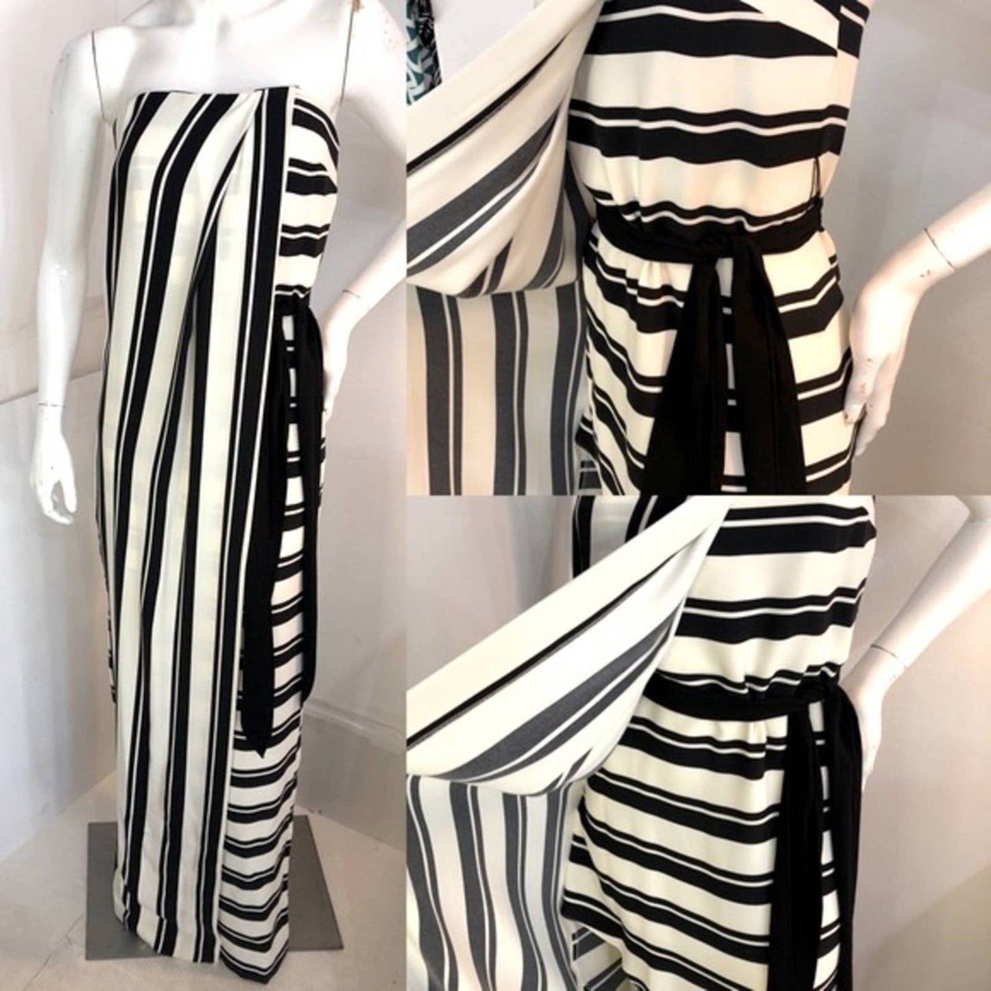 Halston Heritage Black & White Strapless Striped Gown NWT