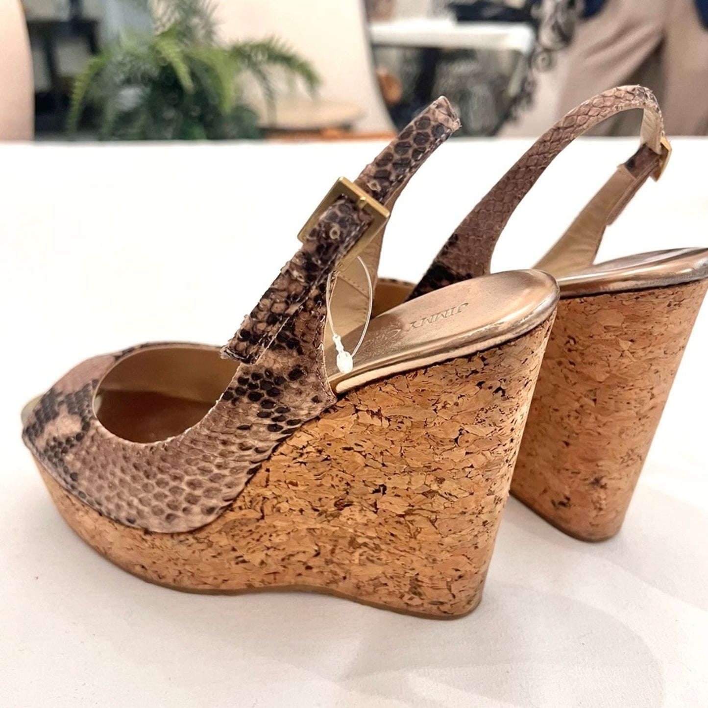 Jimmy Choo Snakeskin Leather Cork Slingback Wedge 38