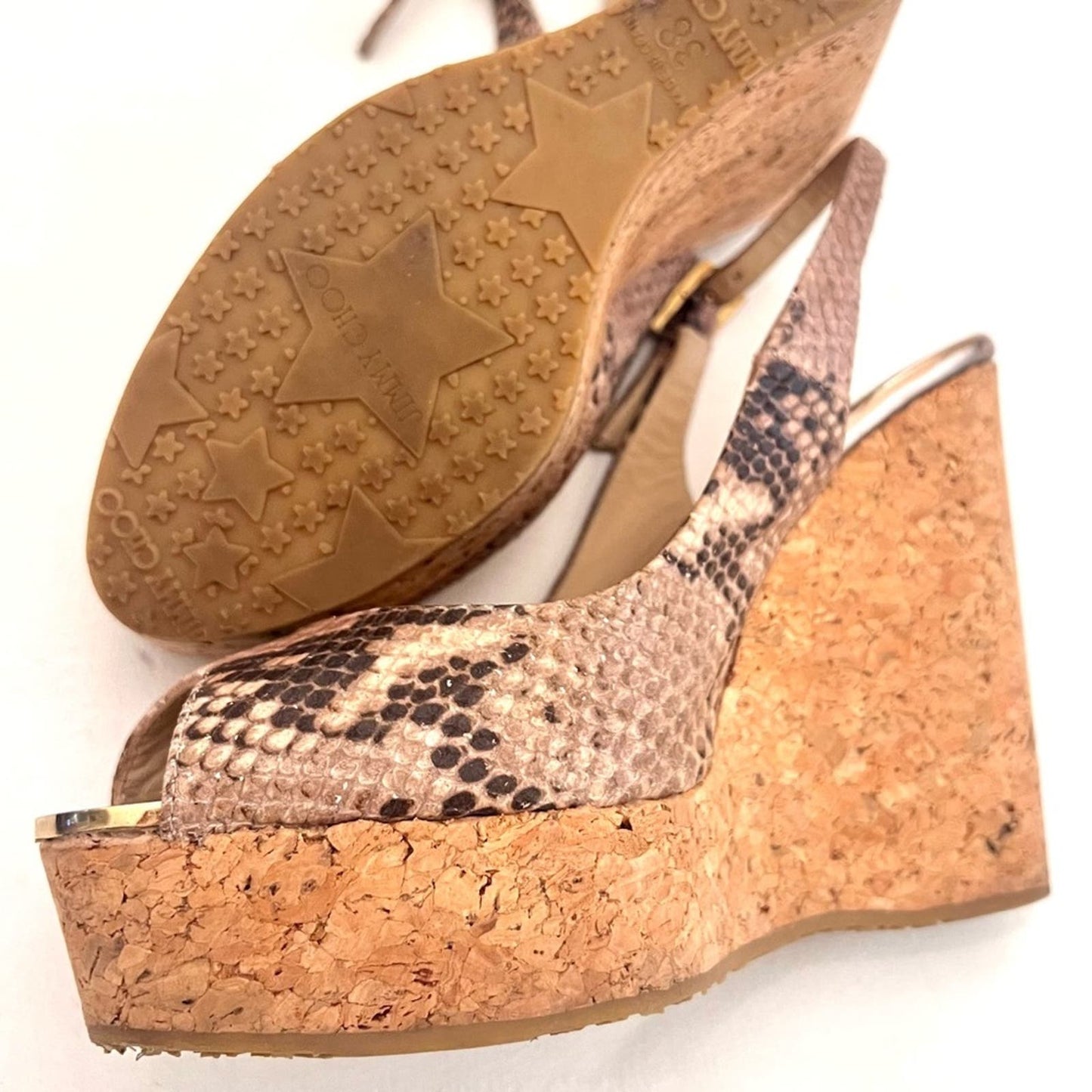 Jimmy Choo Snakeskin Leather Cork Slingback Wedge 38