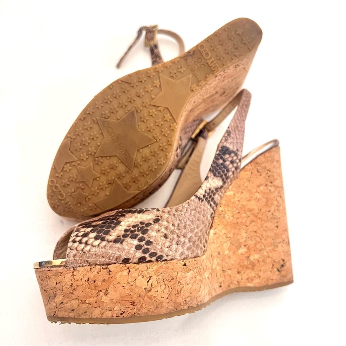 Jimmy Choo Snakeskin Leather Cork Slingback Wedge 38