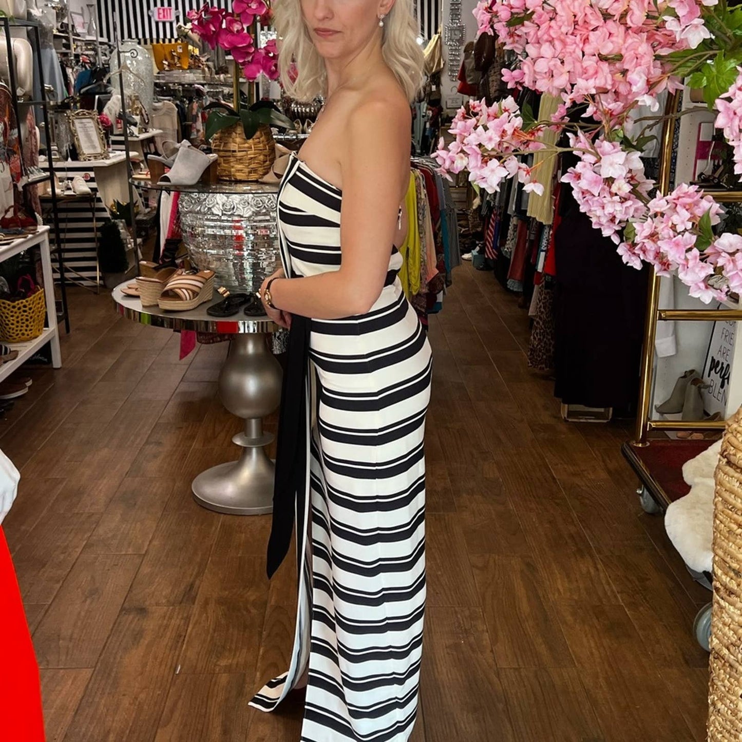 Halston Heritage Black & White Strapless Striped Gown NWT