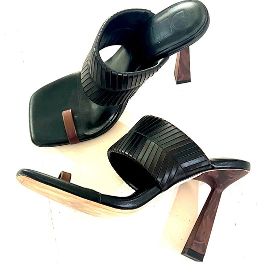 DELTAN Black Leather Sandals w Wooden Heels 6.5