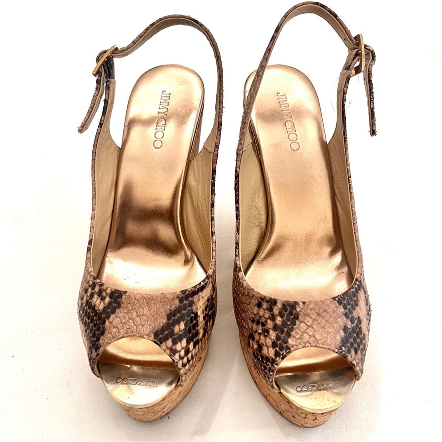 Jimmy Choo Snakeskin Leather Cork Slingback Wedge 38