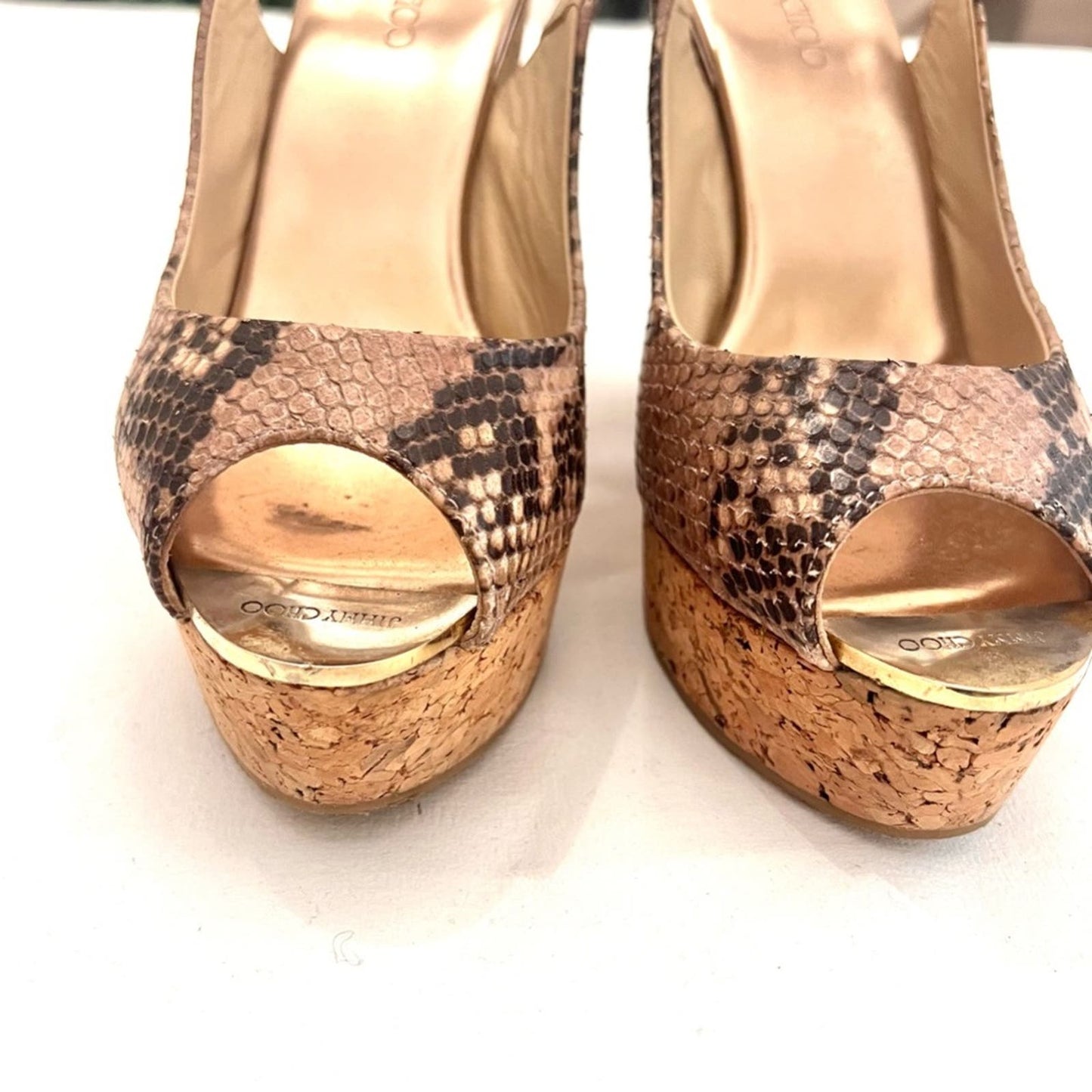 Jimmy Choo Snakeskin Leather Cork Slingback Wedge 38