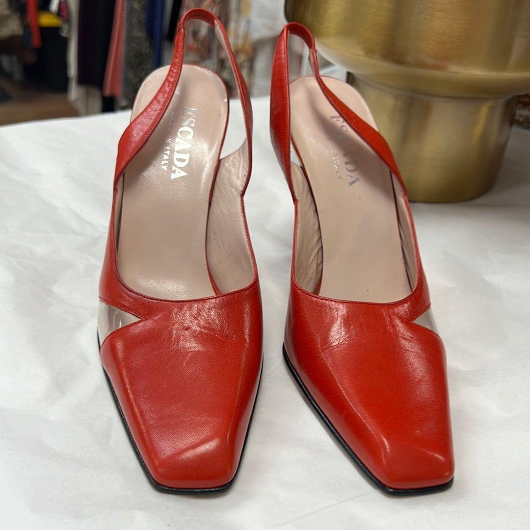 ESCADA Red Square Toe Lucite Heels 7