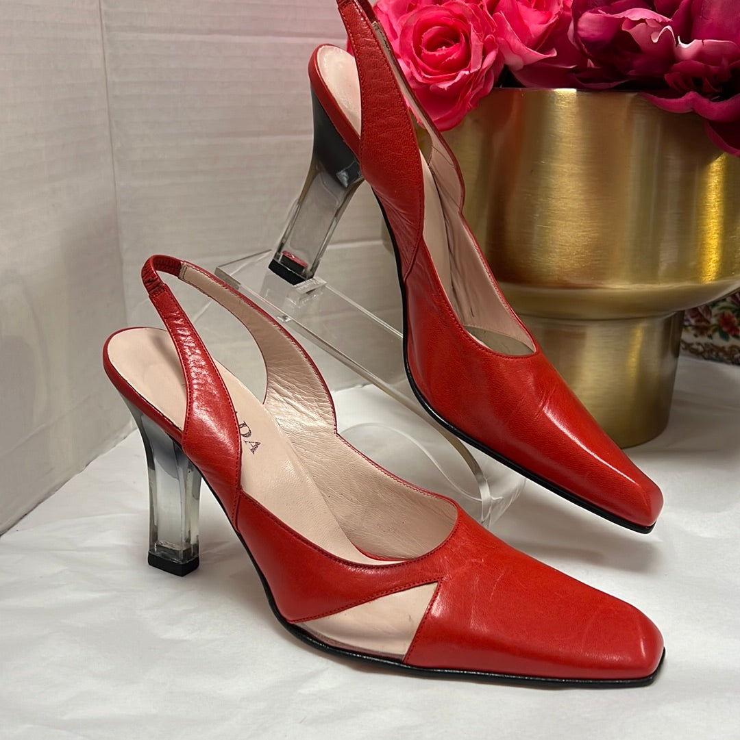 ESCADA Red Square Toe Lucite Heels 7