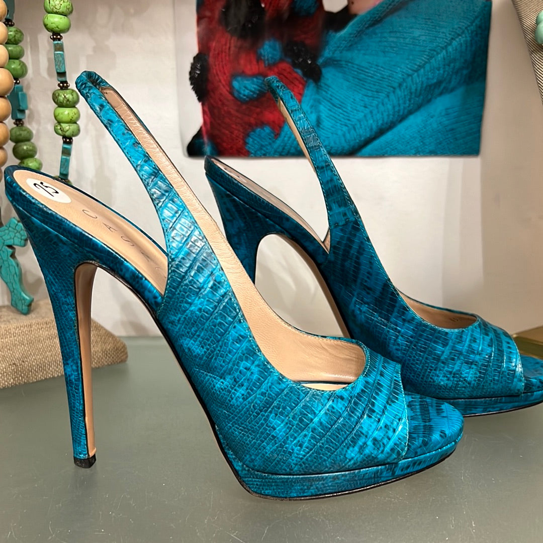 CASADEI Ocean Blue Peep Toe Leather Heels 7.5