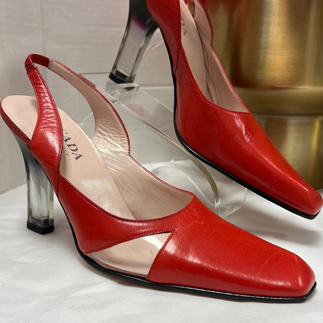 ESCADA Red Square Toe Lucite Heels 7
