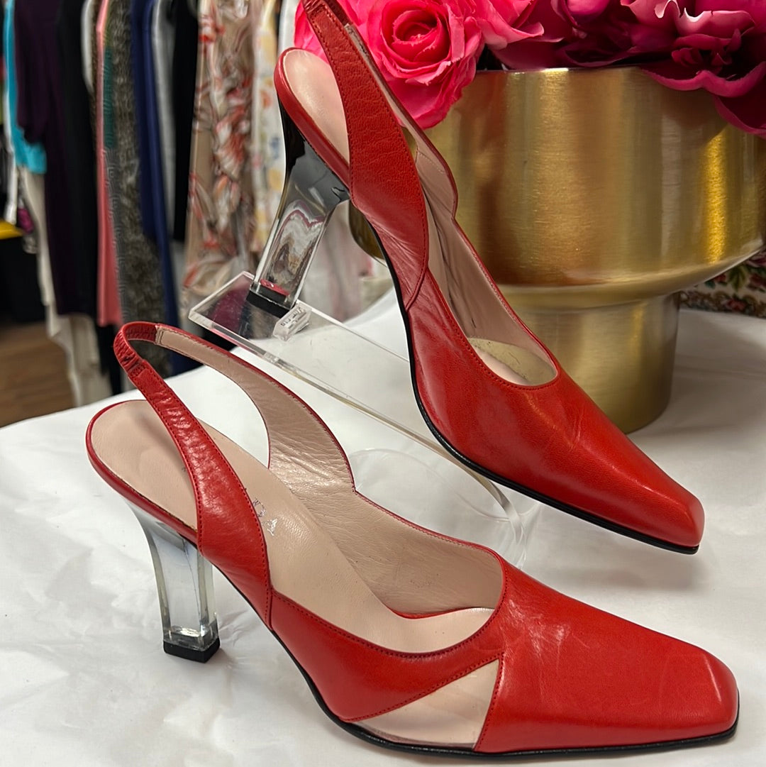 ESCADA Red Square Toe Lucite Heels 7