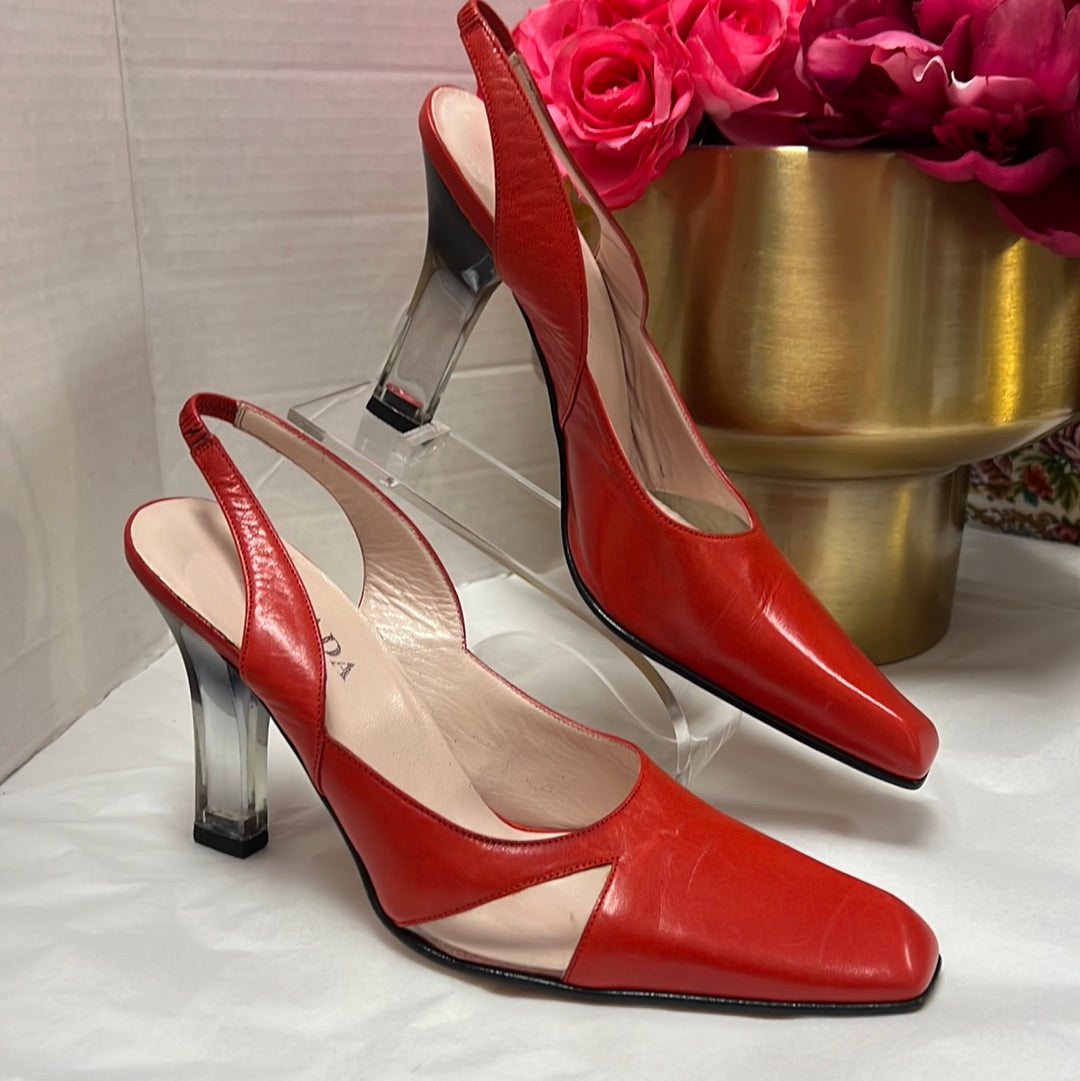 ESCADA Red Square Toe Lucite Heels 7