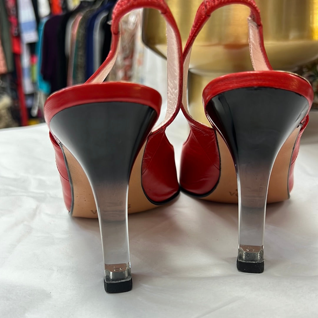 ESCADA Red Square Toe Lucite Heels 7