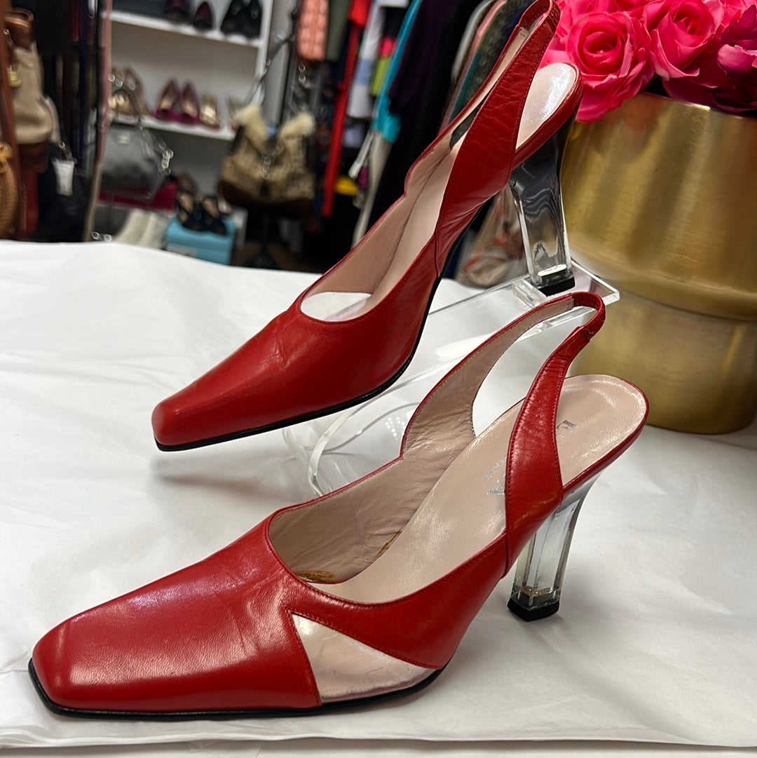ESCADA Red Square Toe Lucite Heels 7