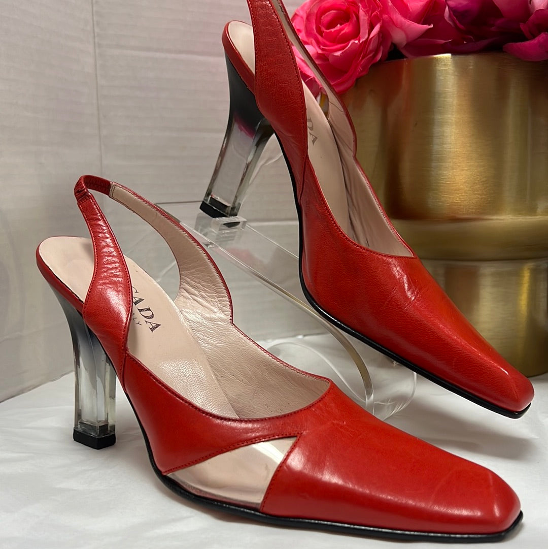 ESCADA Red Square Toe Lucite Heels 7