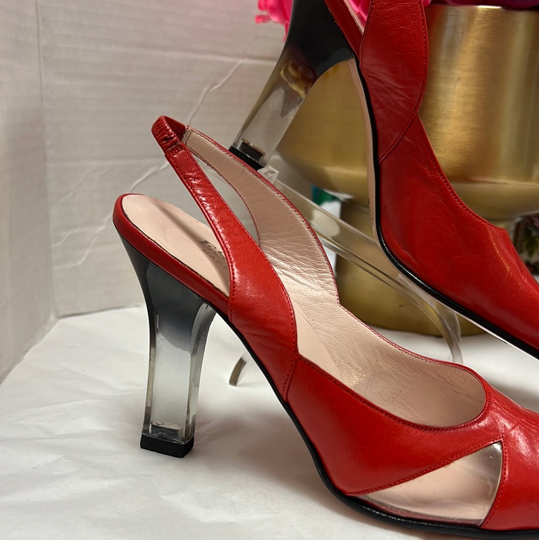 ESCADA Red Square Toe Lucite Heels 7