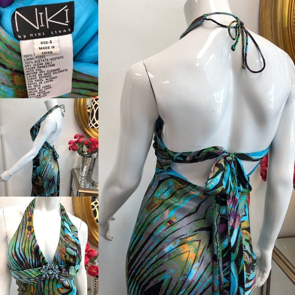 NIKI Livas Turquoise Multicolor Open Back Gown 4