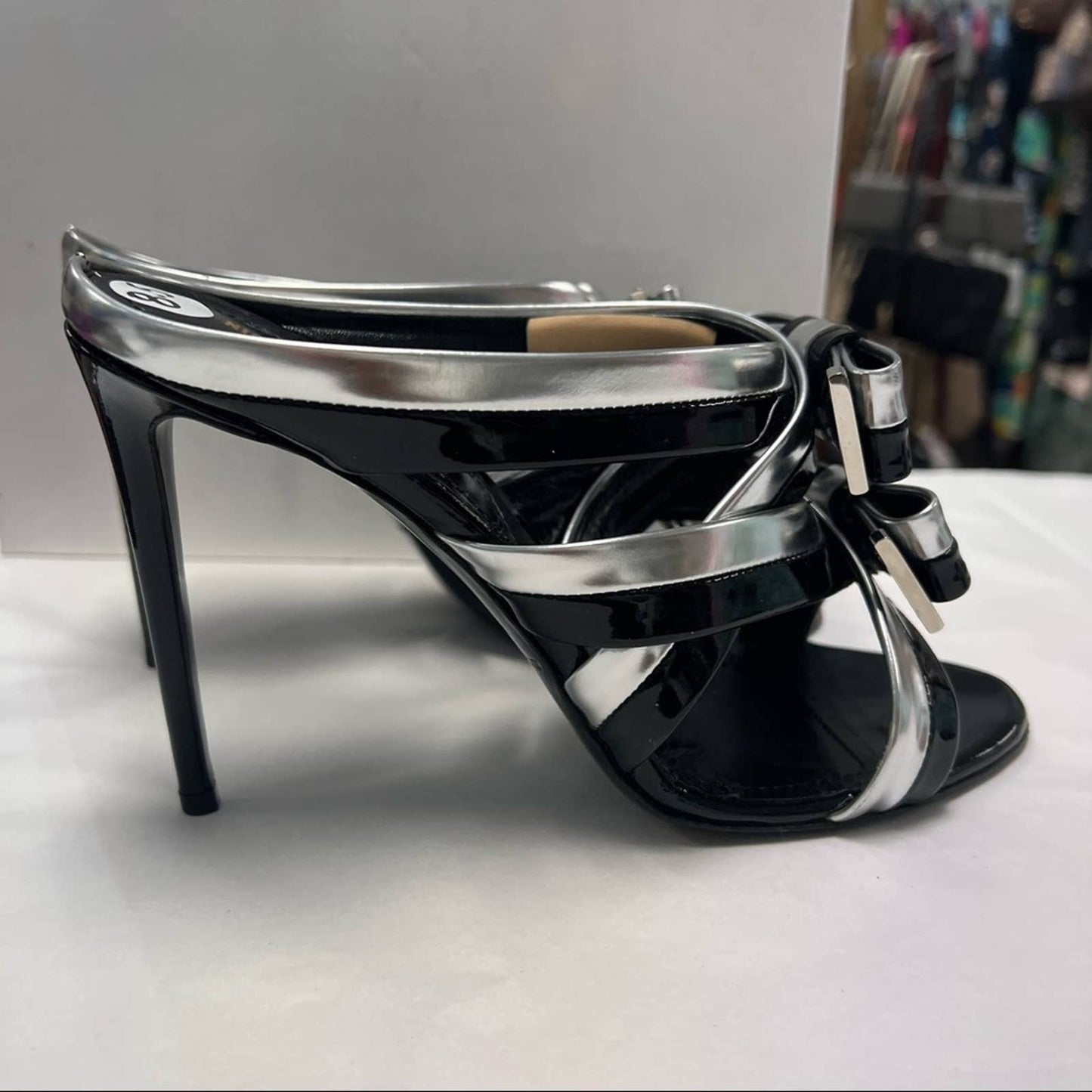 NICHOLAS KIRKWOOD Black & Silver Strappy Patent Leather Mule Heels 8.5