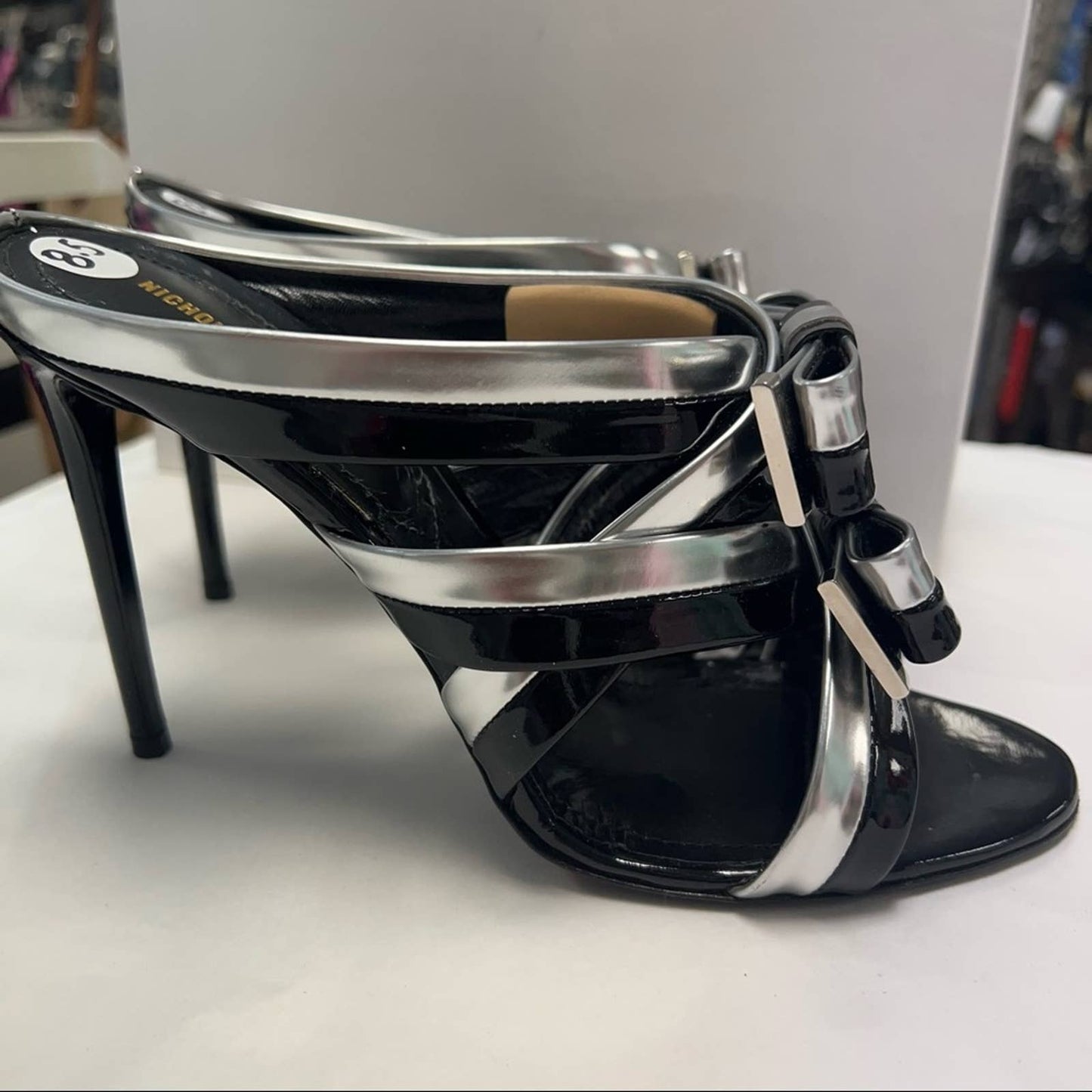 NICHOLAS KIRKWOOD Black & Silver Strappy Patent Leather Mule Heels 8.5