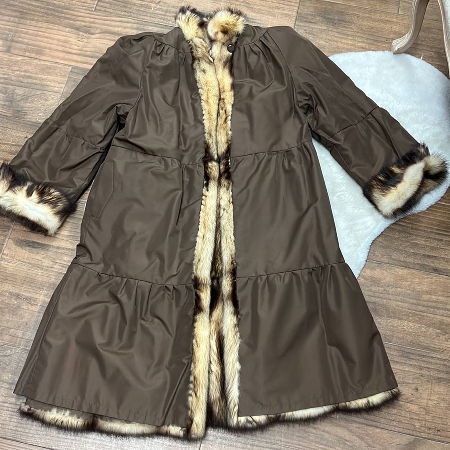 LABELLE FURS Reversible Brown & Cream long Mink Coat XL